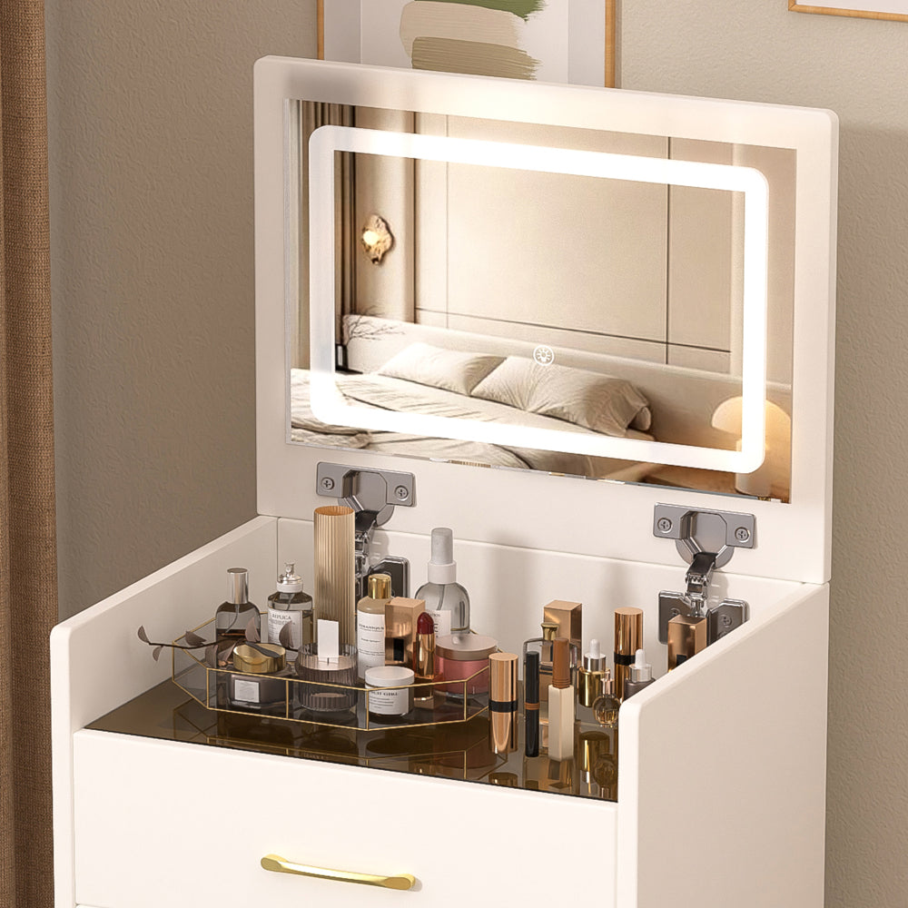 3 in 1 Vanity Desk with open Top Mirror,Small Make Up Vanity Set with Visible Glass Desktop,Compact Makeup Vanity with 3 Drawers,Dressing Table for Bedroom