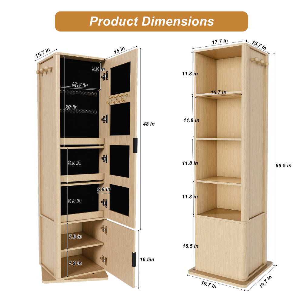 360° rotating makeup cabinet, jewelry cabinet with a full-length mirror, standing storage cabinet with a coat rack, 4 layers of open shelves and 2 layers of built-in shelves, walnut