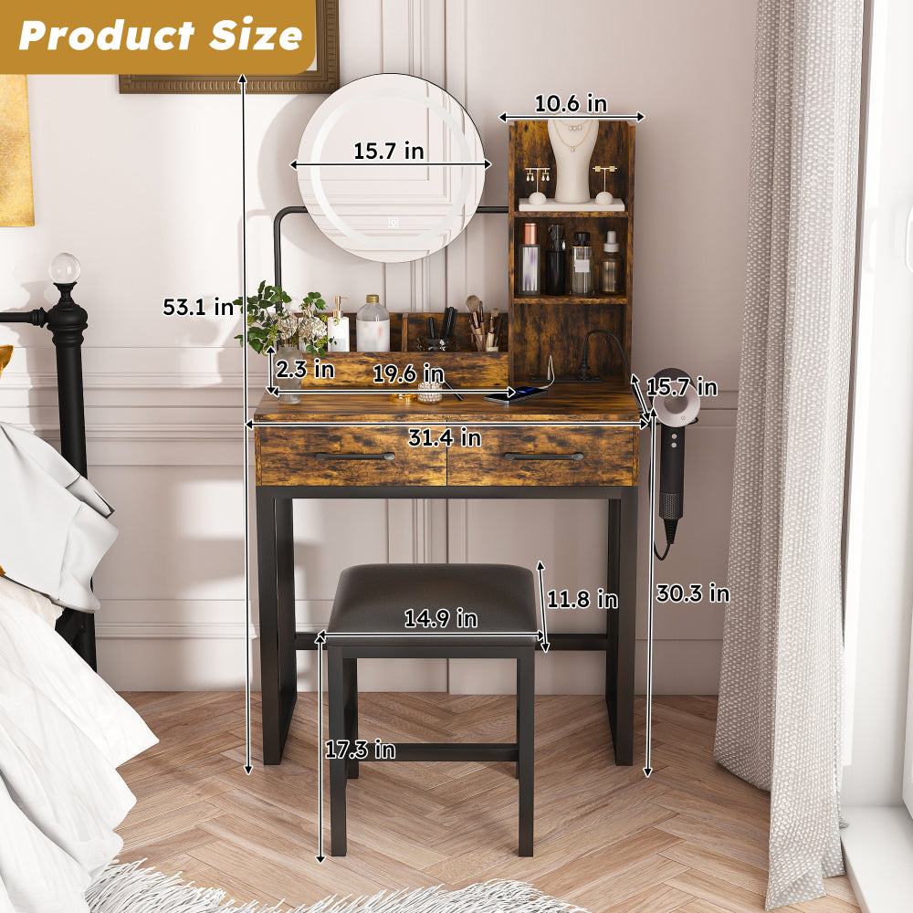 Makeup Vanity with LED Lights&3 Color and Power Outlet Makeup Vanity Table with 2 big Drawers with Sturdy Metal Leg and Metal Chair ,Dressing Table for Bedroom Dressing Room (brown)