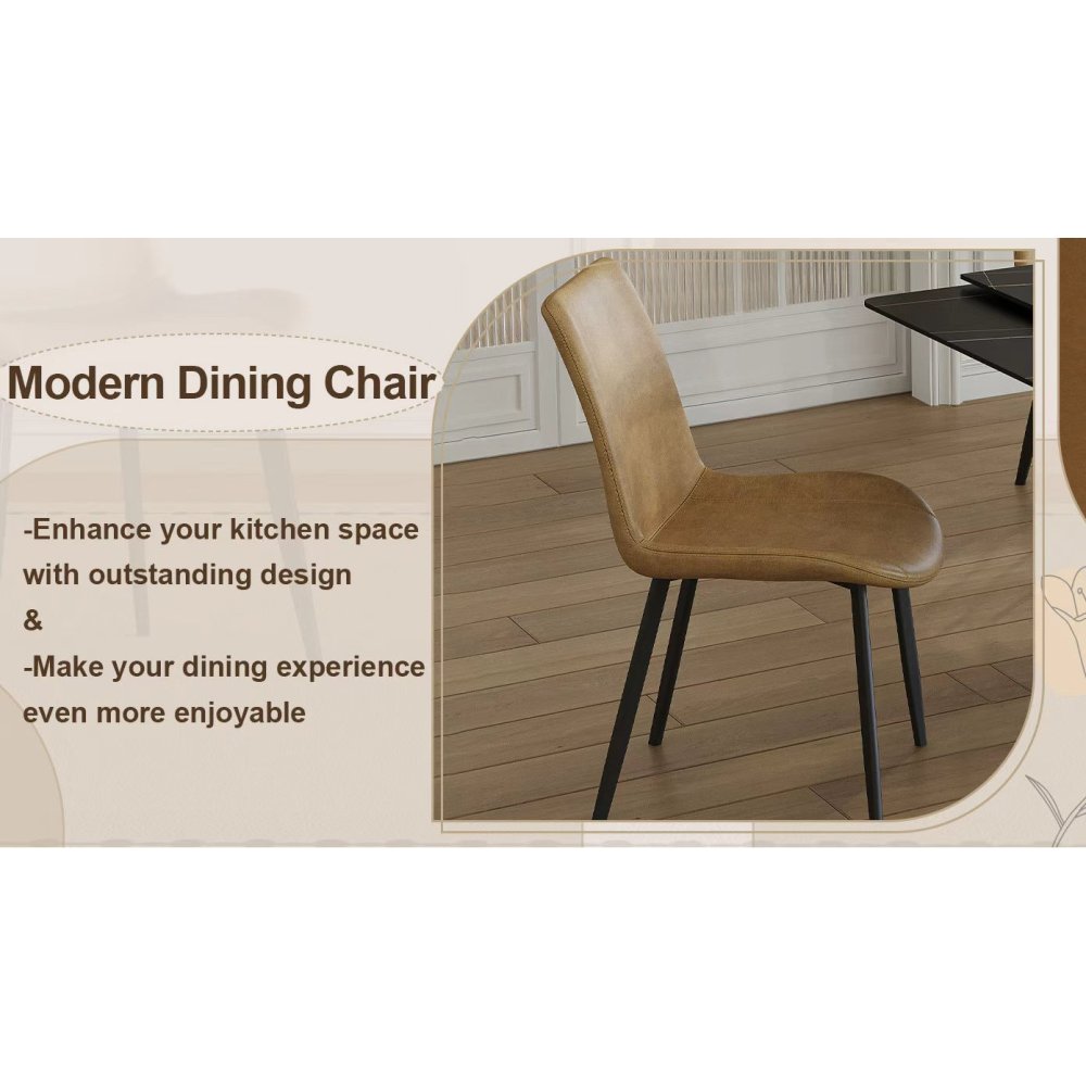 Modern dining chair set of 4 pieces, brown PU leather seats and black carbon steel legs, suitable for home, restaurant, conference room (4 brown chairs)
