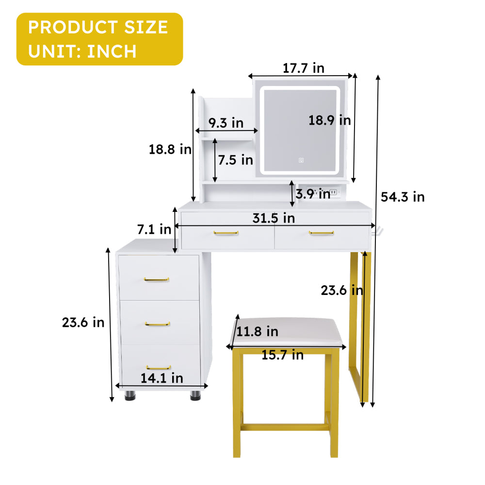 Makeup Vanity with LED Lights&3 Color and Power Outlet Makeup Vanity Table with 2 big Drawers with Sturdy Metal Leg and Metal Chair ,Dressing Table for Bedroom Dressing Room (brown)
