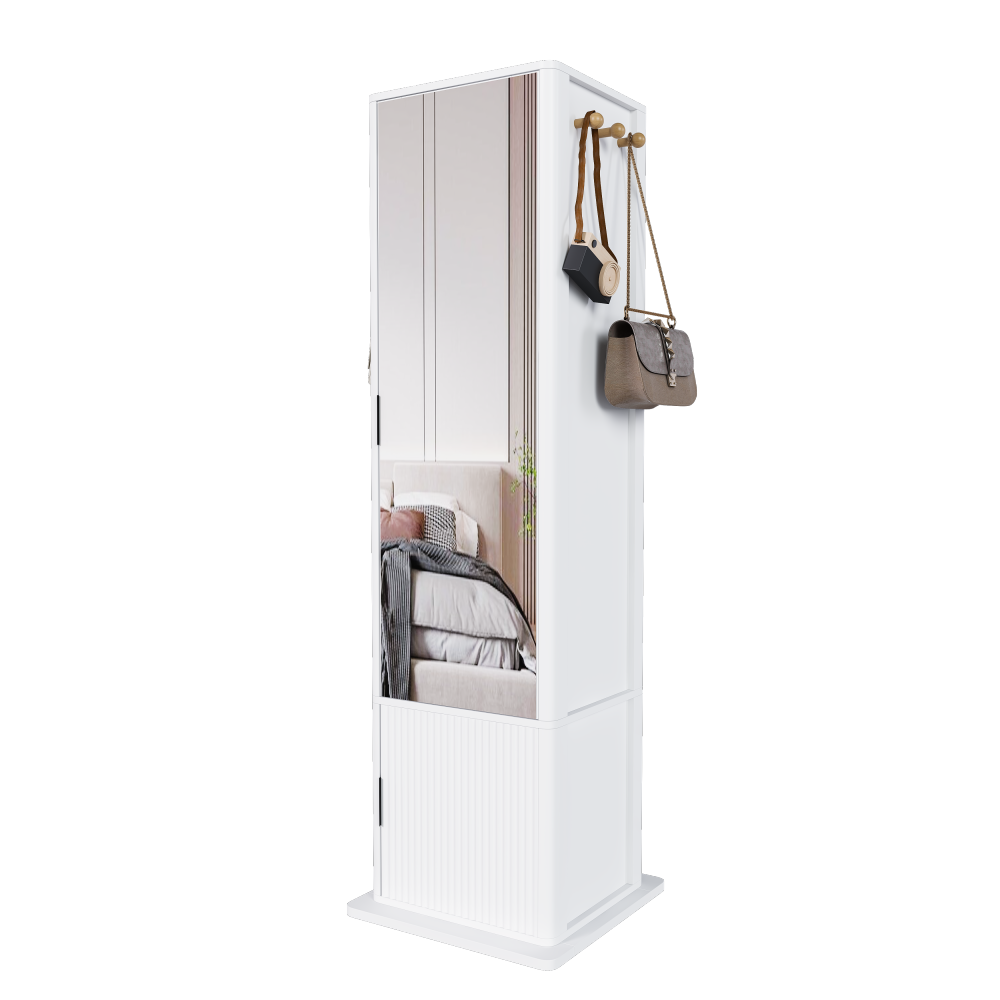 360° rotating makeup cabinet, jewelry cabinet with a full-length mirror, standing storage cabinet with a coat rack, 4 layers of open shelves and 2 layers of built-in shelves, white