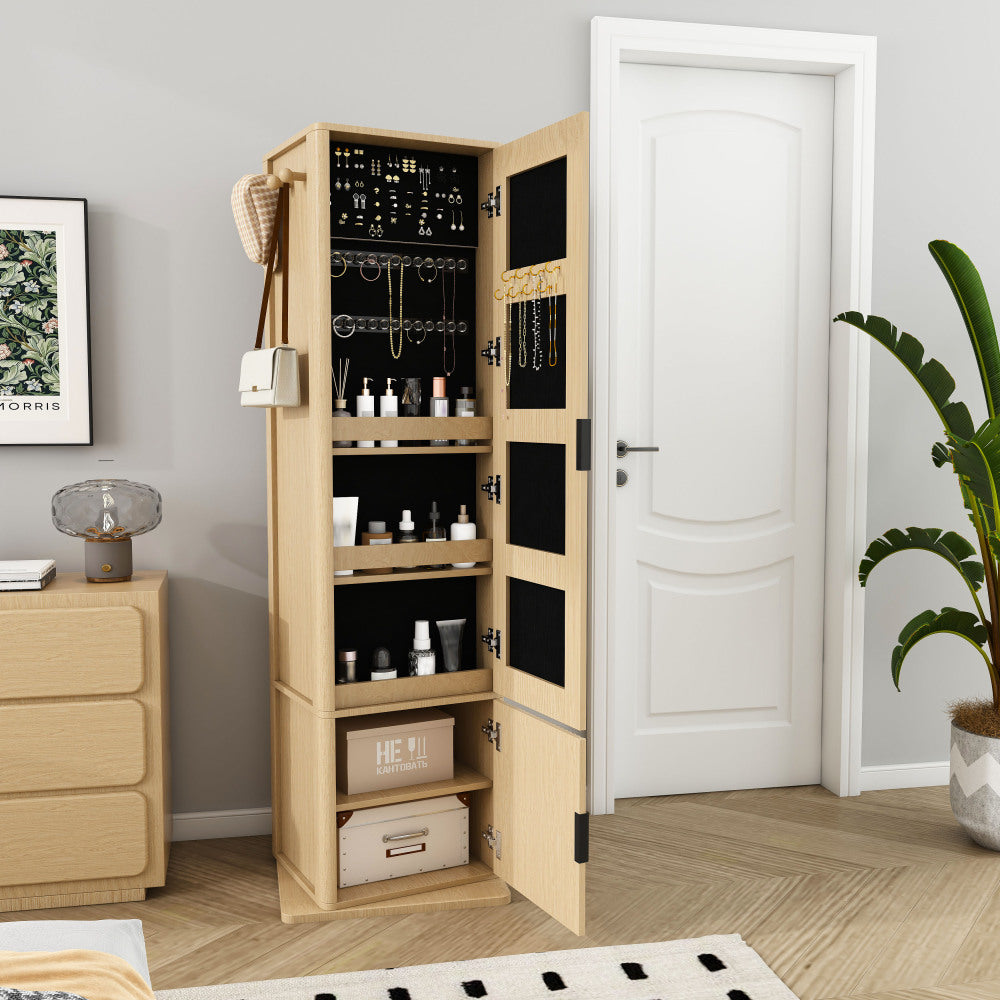 360° rotating makeup cabinet, jewelry cabinet with a full-length mirror, standing storage cabinet with a coat rack, 4 layers of open shelves and 2 layers of built-in shelves, walnut