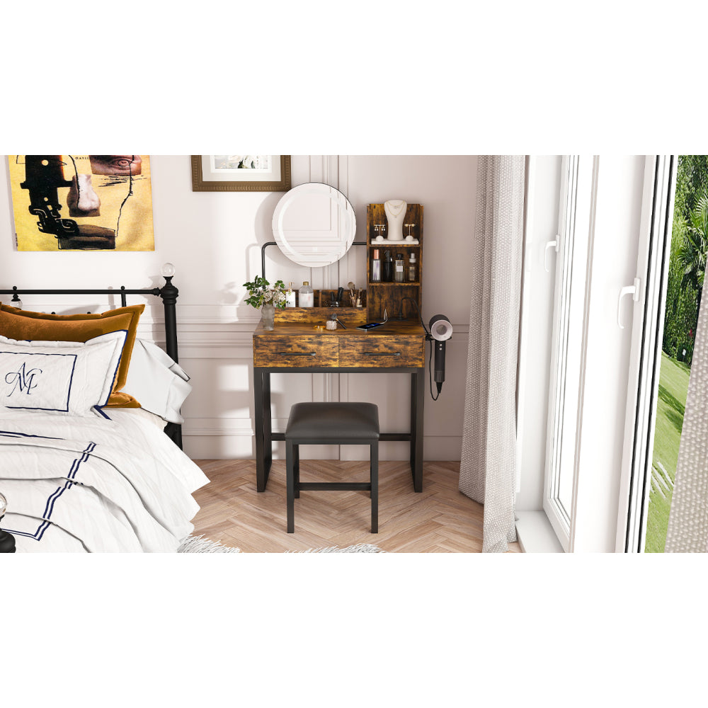 Makeup Vanity with LED Lights&3 Color and Power Outlet Makeup Vanity Table with 2 big Drawers with Sturdy Metal Leg and Metal Chair ,Dressing Table for Bedroom Dressing Room (brown)