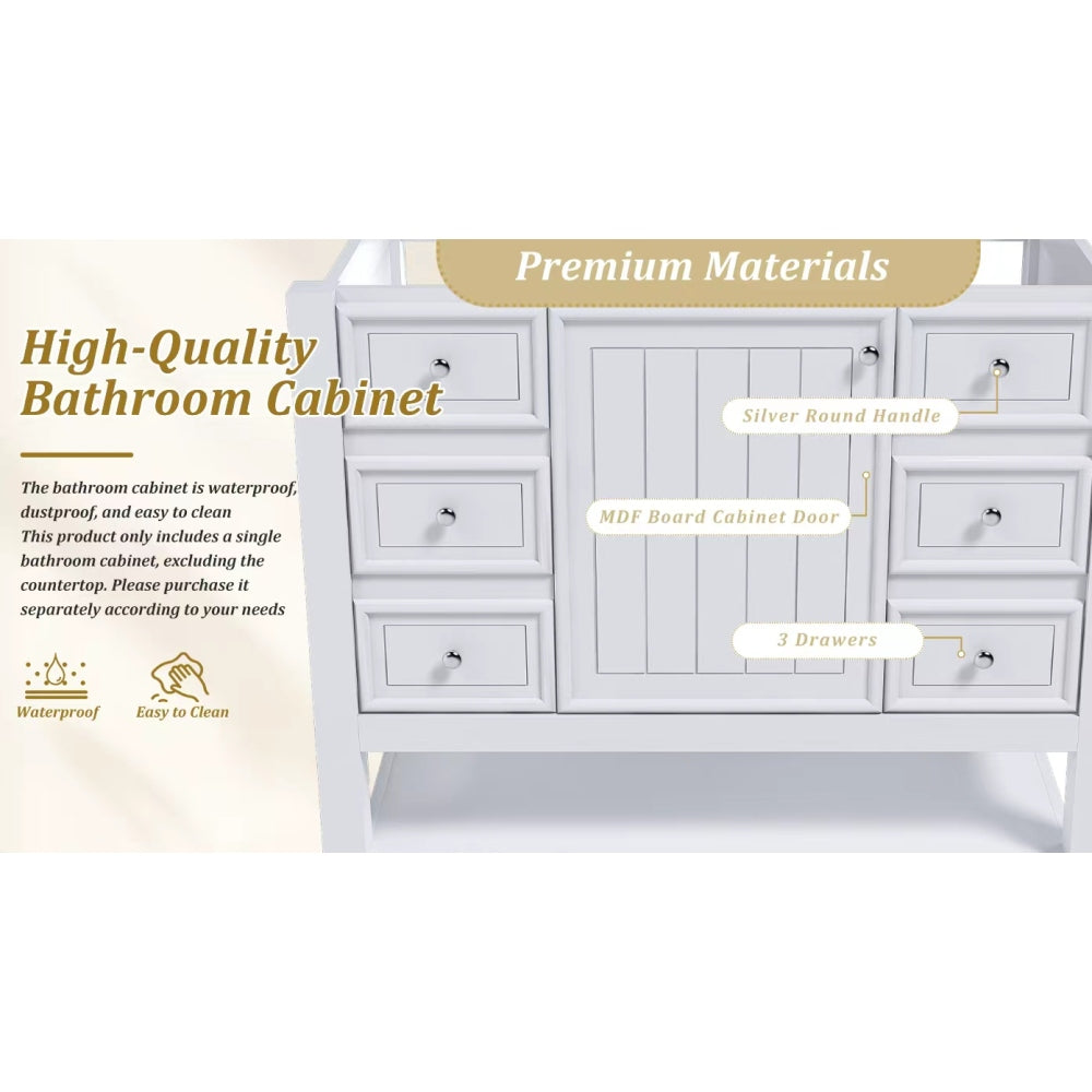 36-inch bathroom vanity, without sink, featuring one cabinet and three drawers, made of solid wood frame and MDF board, in white