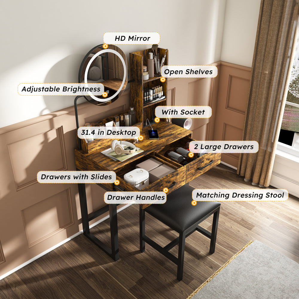 Makeup Vanity with LED Lights&3 Color and Power Outlet Makeup Vanity Table with 2 big Drawers with Sturdy Metal Leg and Metal Chair ,Dressing Table for Bedroom Dressing Room (brown)