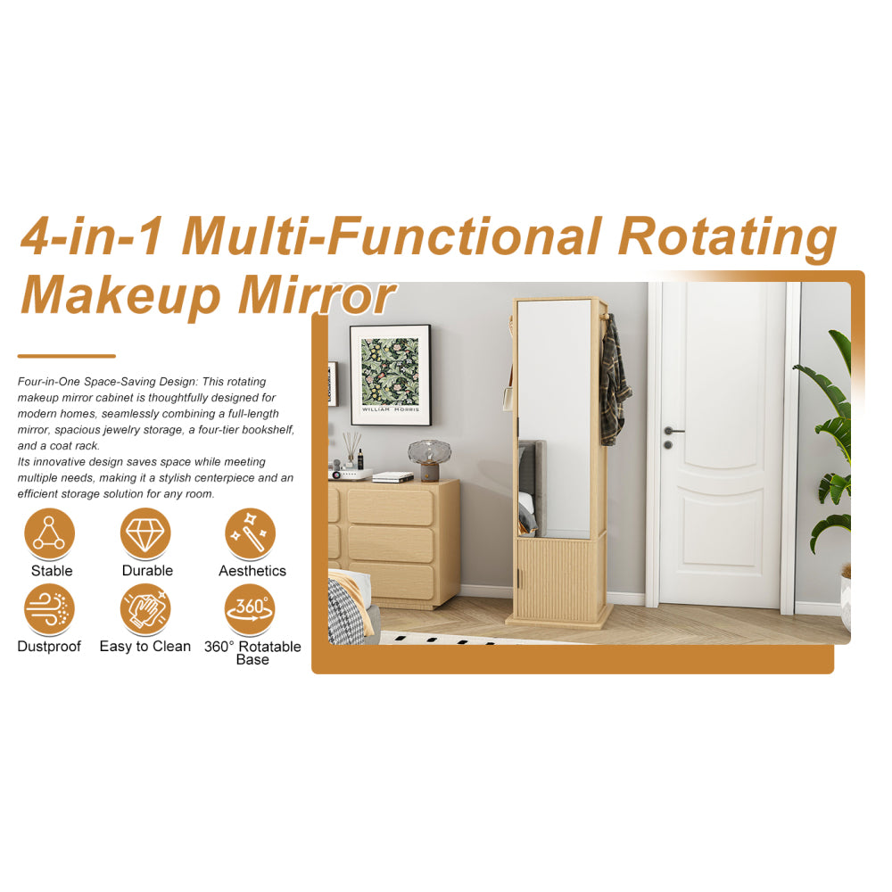 360° rotating makeup cabinet, jewelry cabinet with a full-length mirror, standing storage cabinet with a coat rack, 4 layers of open shelves and 2 layers of built-in shelves, walnut