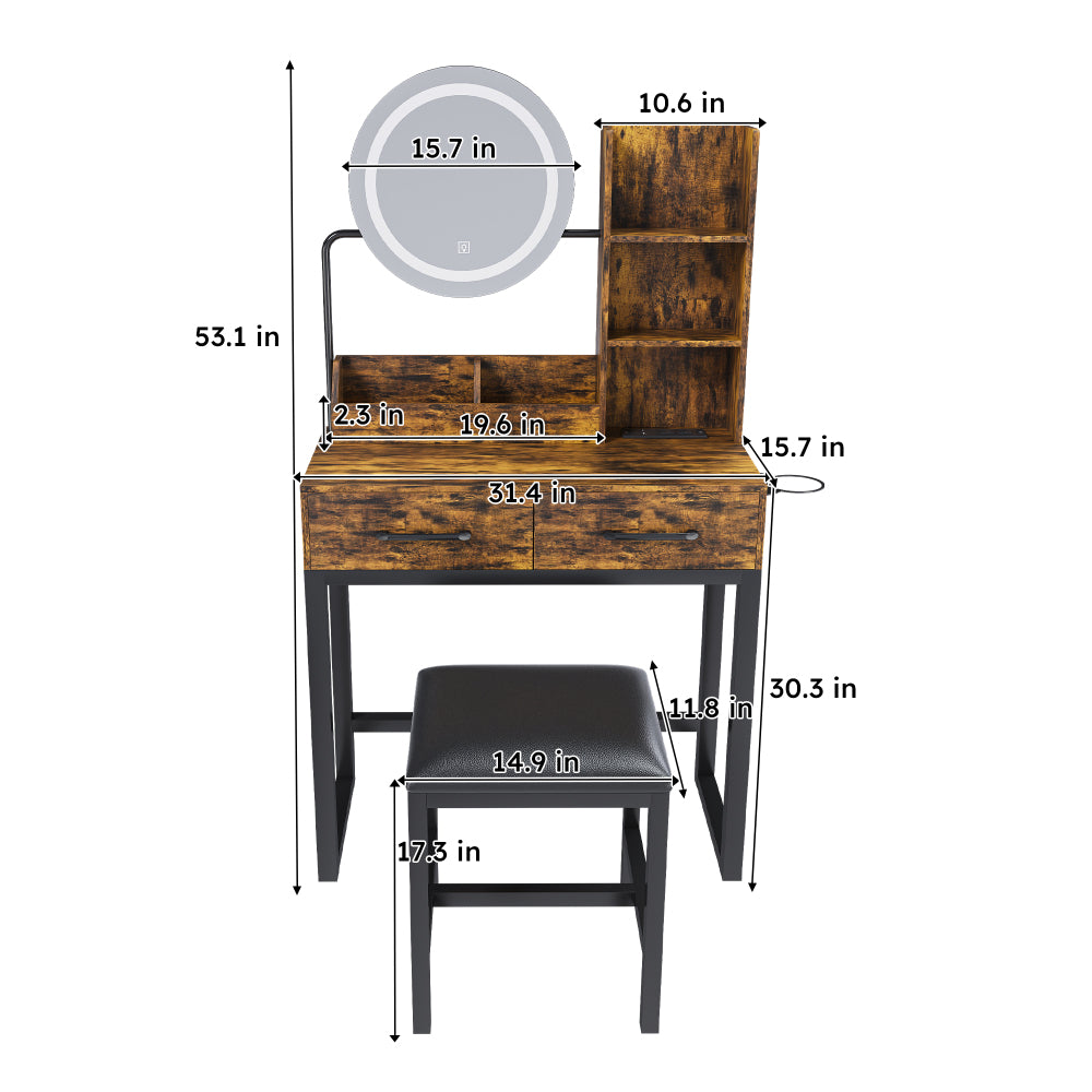 Makeup Vanity with LED Lights&3 Color and Power Outlet Makeup Vanity Table with 2 big Drawers with Sturdy Metal Leg and Metal Chair ,Dressing Table for Bedroom Dressing Room (brown)