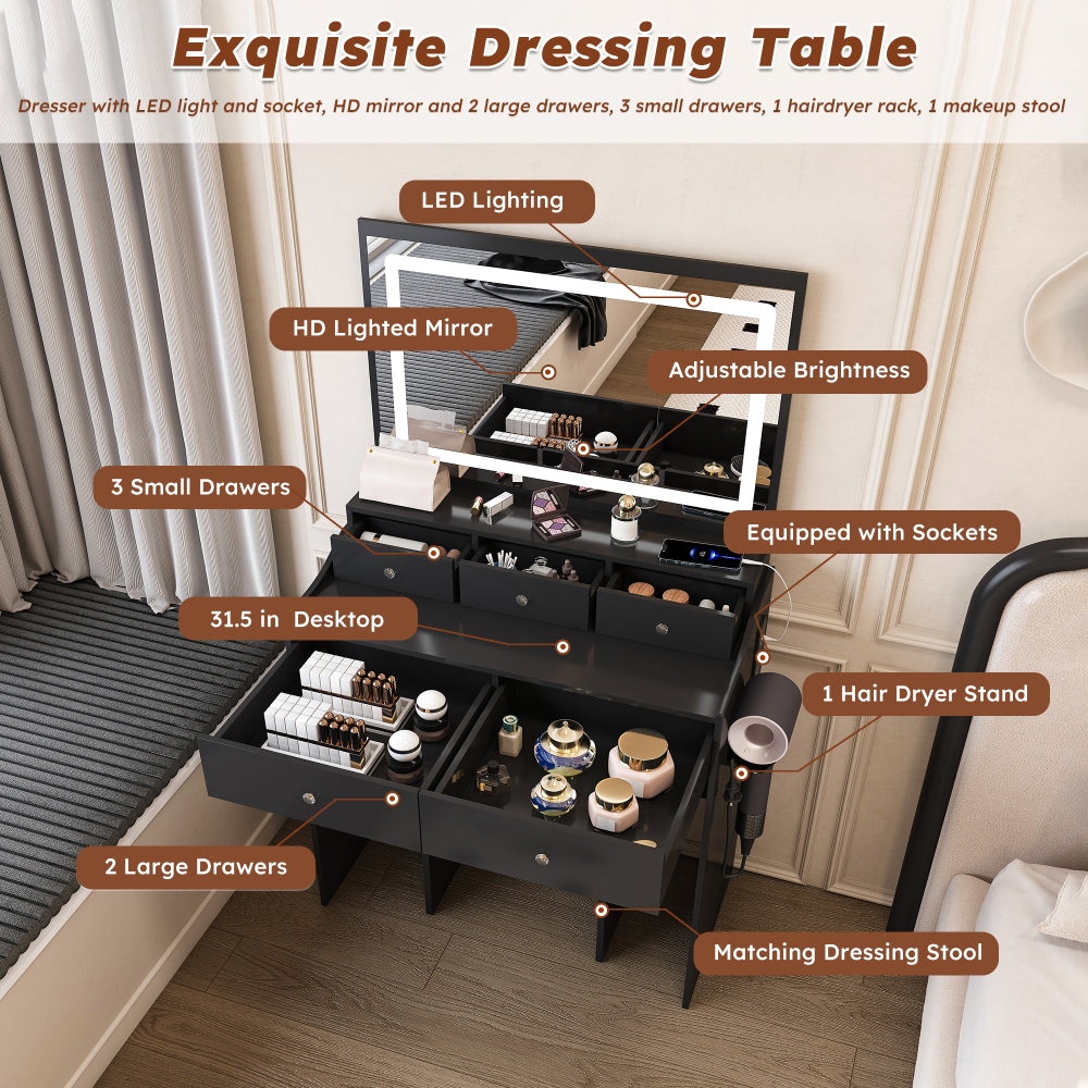 New Large Mirror Vanity Desk for Bed room  , Modern Makeup Vanity Set with Power Outlet and Hair dryer holder, 5 Drawers , 3 Lighting Color Adjustable Dressing Table for Bedroom, Black Color