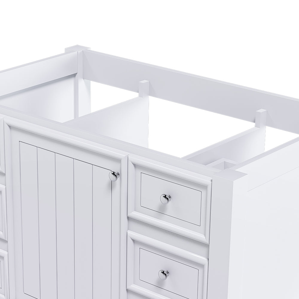 36-inch bathroom vanity, without sink, featuring one cabinet and three drawers, made of solid wood frame and MDF board, in white