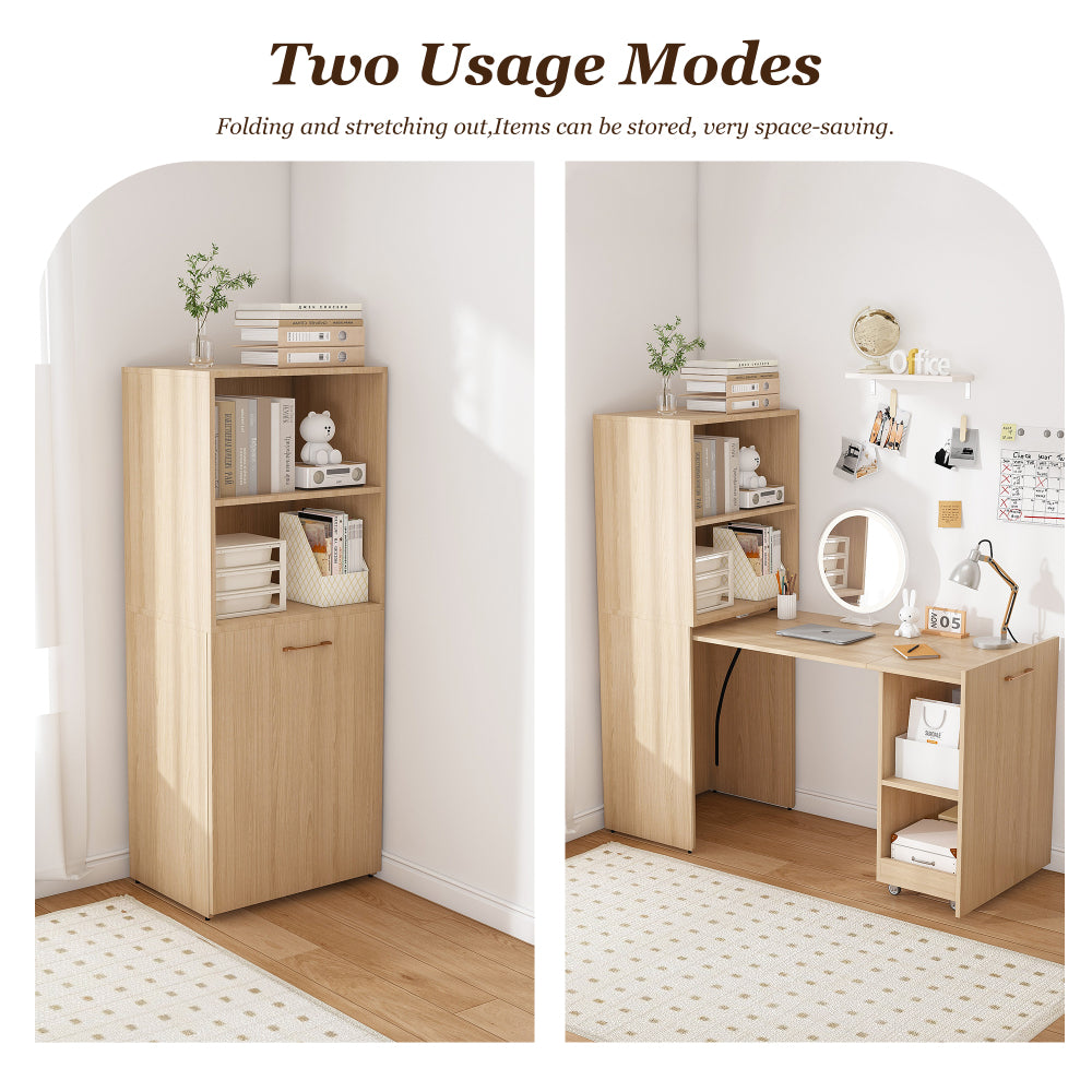 Stretchable desk, office desk with storage shelves and mobile wheels, foldable desk suitable for small apartments and offices,burlywood