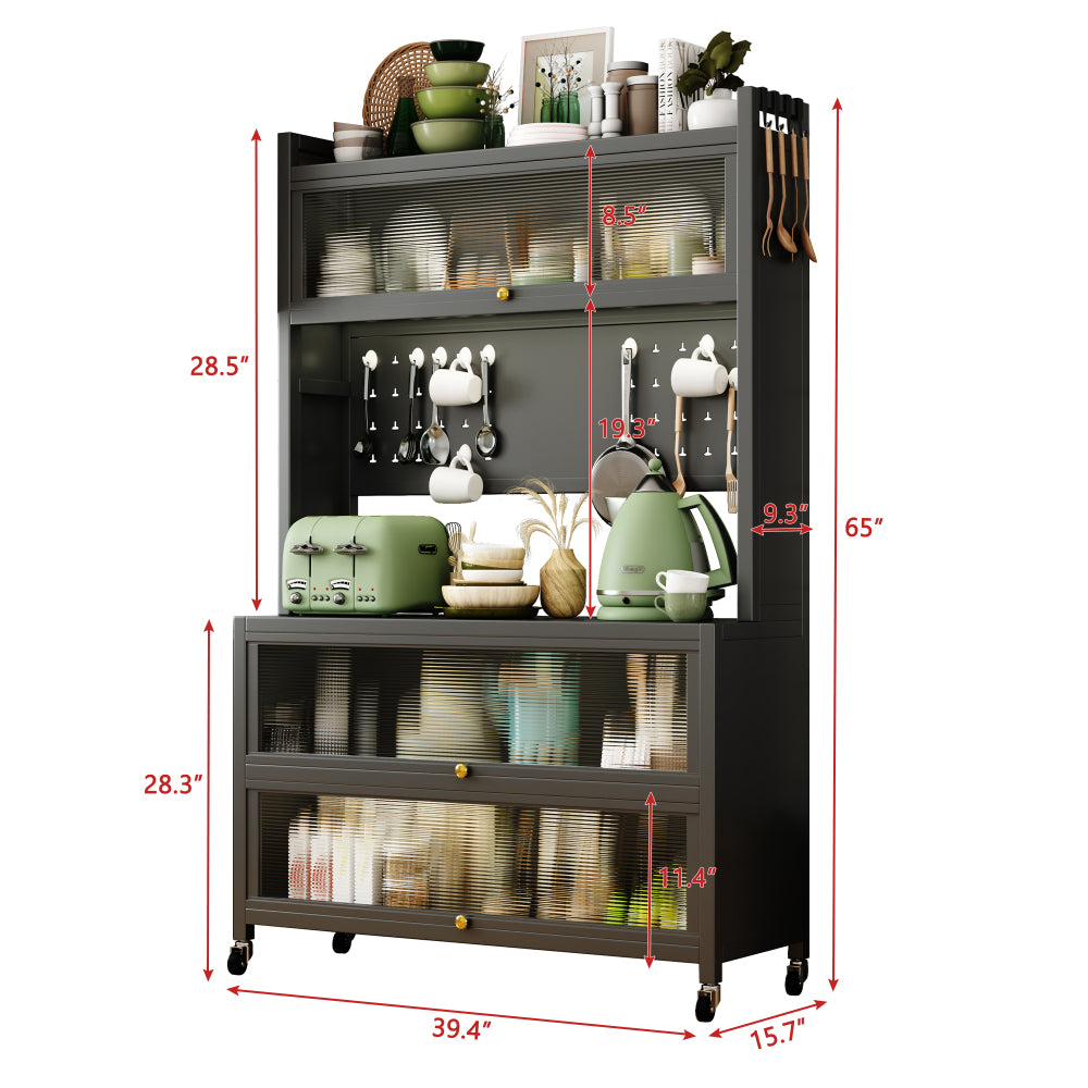 65'' Tall Kitchen Bakers Rack with Flip Door Cabinet, 5 Tier Multifunctional Microwave Stand Buffet, Coffee Bar, Kitchen Pantry Storage Cabinet Shelf, Quick Assembly, White