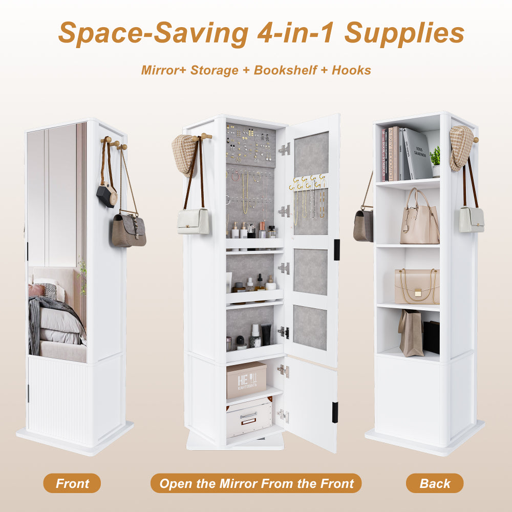 360° rotating makeup cabinet, jewelry cabinet with a full-length mirror, standing storage cabinet with a coat rack, 4 layers of open shelves and 2 layers of built-in shelves, white