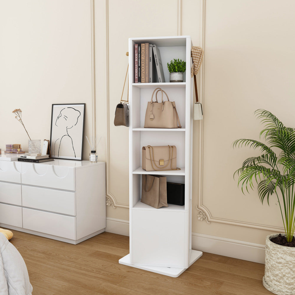 360° rotating makeup cabinet, jewelry cabinet with a full-length mirror, standing storage cabinet with a coat rack, 4 layers of open shelves and 2 layers of built-in shelves, white