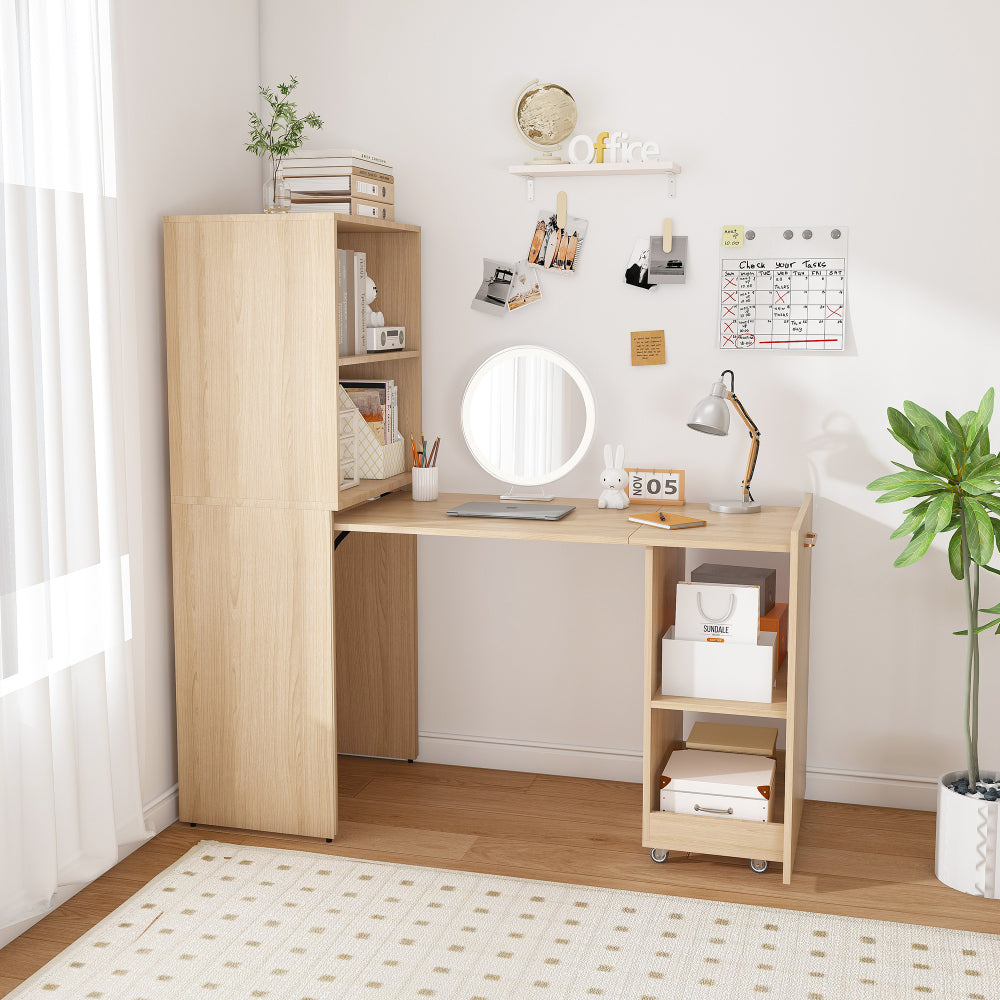 Stretchable desk, office desk with storage shelves and mobile wheels, foldable desk suitable for small apartments and offices,burlywood