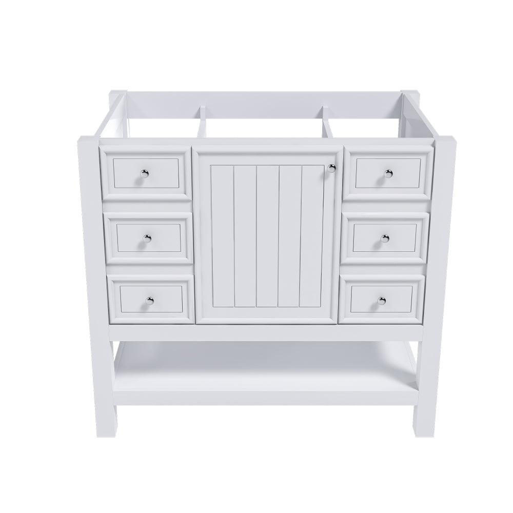 36-inch bathroom vanity, without sink, featuring one cabinet and three drawers, made of solid wood frame and MDF board, in white