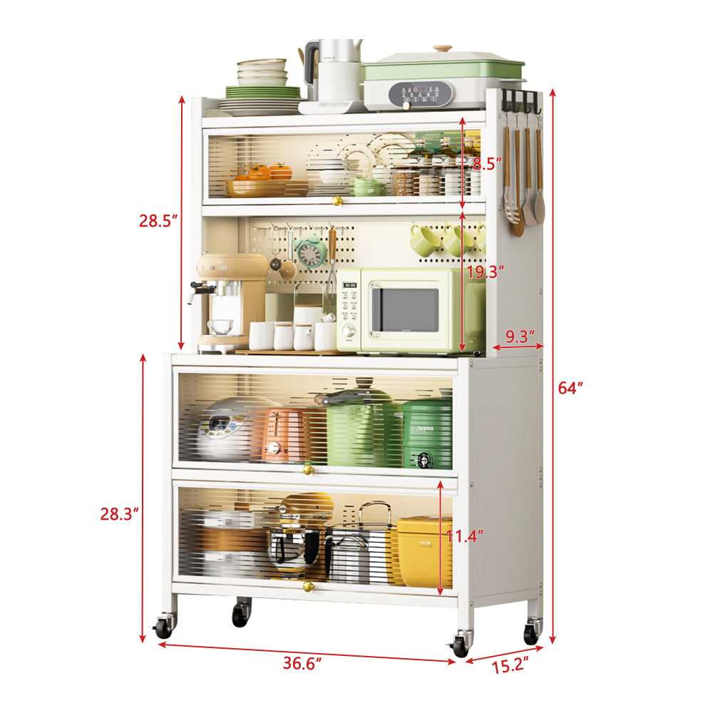 65'' Tall Kitchen Bakers Rack with Flip Door Cabinet, 5 Tier Multifunctional Microwave Stand Buffet, Coffee Bar, Quick Assembly, Gray