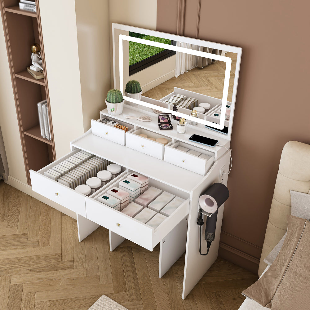 New Large Mirror Vanity Desk for Bed room  , Modern Makeup Vanity Set with Power Outlet and Hair dryer holder, 5 Drawers , 3 Lighting Color Adjustable Dressing Table for Bedroom, White Color