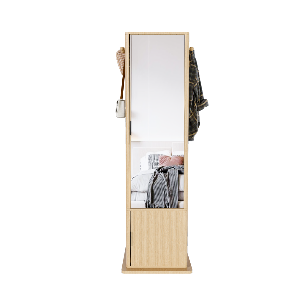 360° rotating makeup cabinet, jewelry cabinet with a full-length mirror, standing storage cabinet with a coat rack, 4 layers of open shelves and 2 layers of built-in shelves, walnut