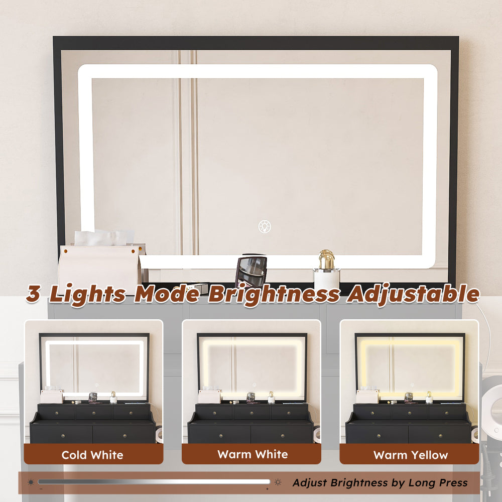 New Large Mirror Vanity Desk for Bed room  , Modern Makeup Vanity Set with Power Outlet and Hair dryer holder, 5 Drawers , 3 Lighting Color Adjustable Dressing Table for Bedroom, Black Color