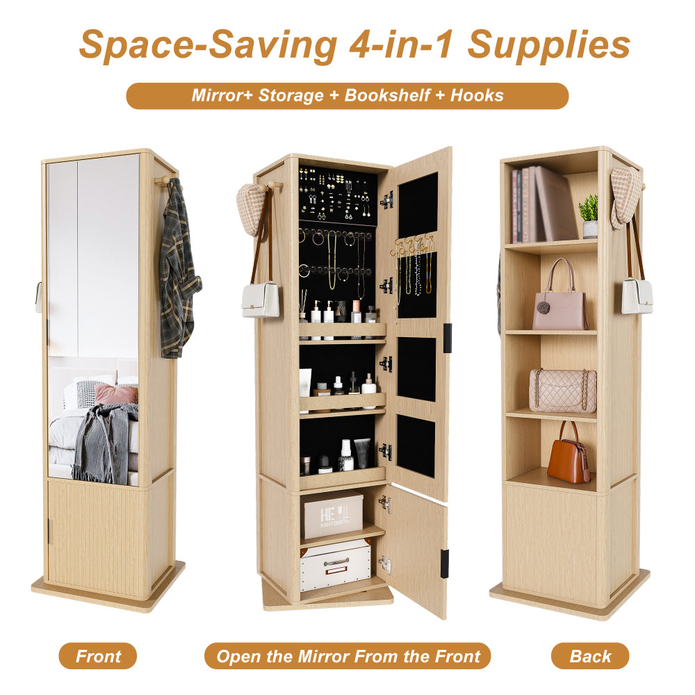360° rotating makeup cabinet, jewelry cabinet with a full-length mirror, standing storage cabinet with a coat rack, 4 layers of open shelves and 2 layers of built-in shelves, walnut