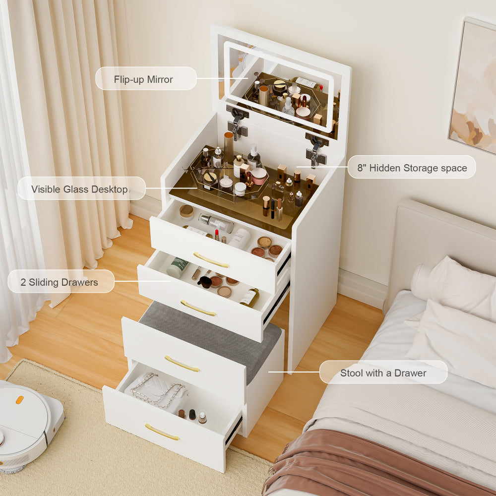 3 in 1 Vanity Desk with open Top Mirror,Small Make Up Vanity Set with Visible Glass Desktop,Compact Makeup Vanity with 3 Drawers,Dressing Table for Bedroom