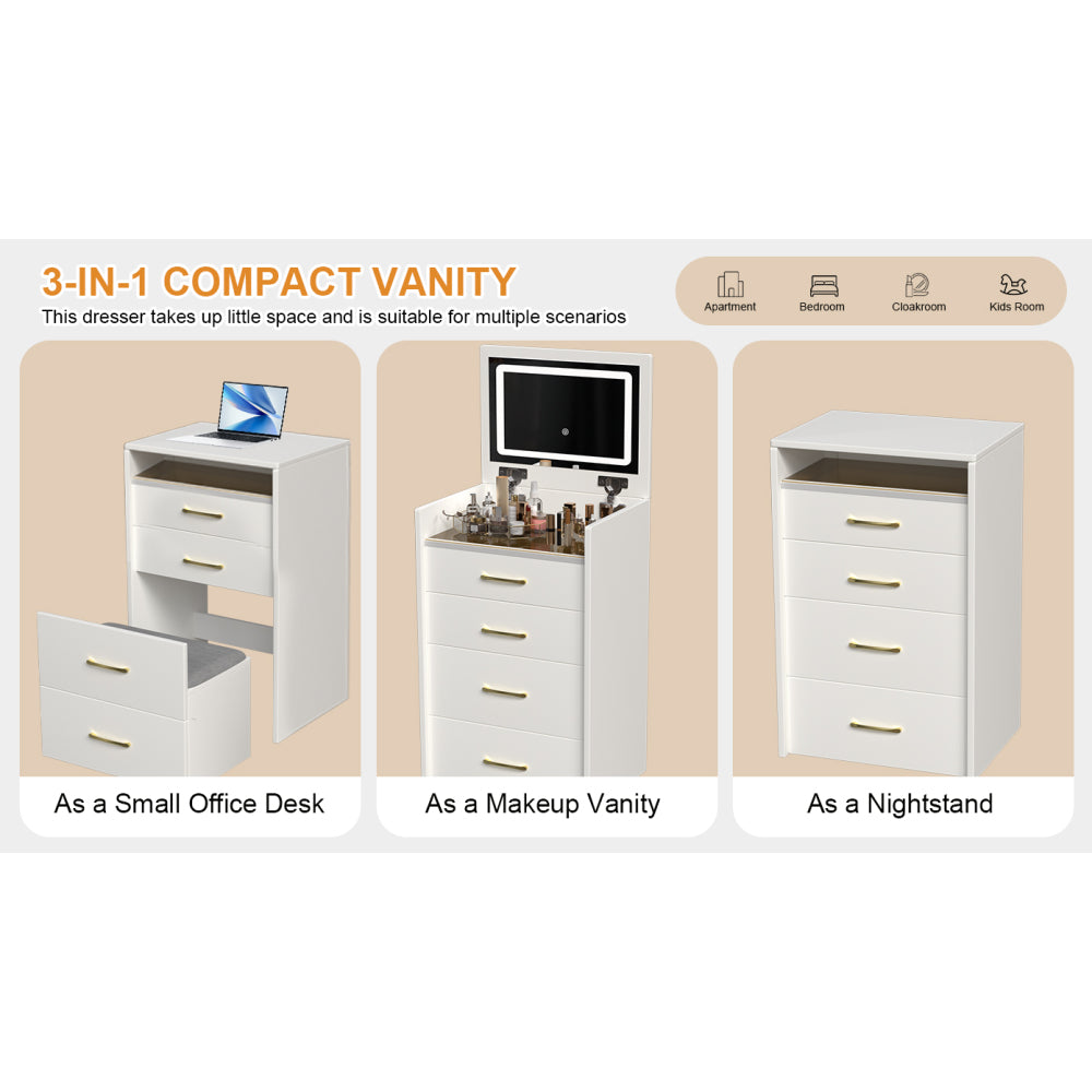 3 in 1 Vanity Desk with open Top Mirror,Small Make Up Vanity Set with Visible Glass Desktop,Compact Makeup Vanity with 3 Drawers,Dressing Table for Bedroom