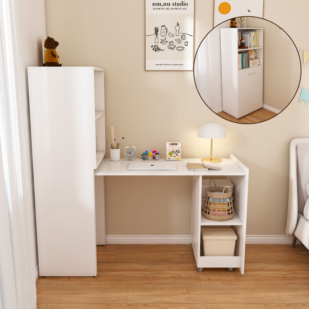 Stretchable desk, office desk with storage shelves and mobile wheels, foldable desk suitable for small apartments and offices, white marble