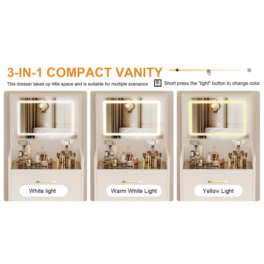 3 in 1 Vanity Desk with open Top Mirror,Small Make Up Vanity Set with Visible Glass Desktop,Compact Makeup Vanity with 3 Drawers,Dressing Table for Bedroom