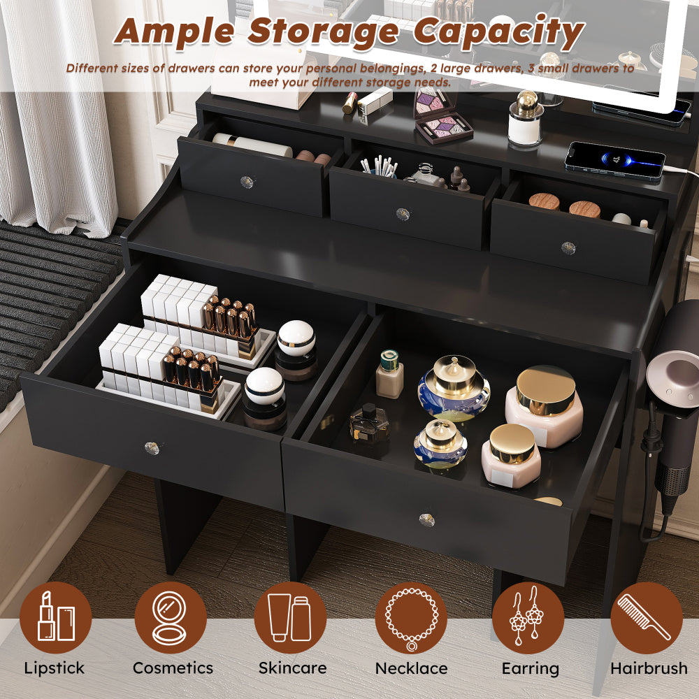 New Large Mirror Vanity Desk for Bed room  , Modern Makeup Vanity Set with Power Outlet and Hair dryer holder, 5 Drawers , 3 Lighting Color Adjustable Dressing Table for Bedroom, Black Color