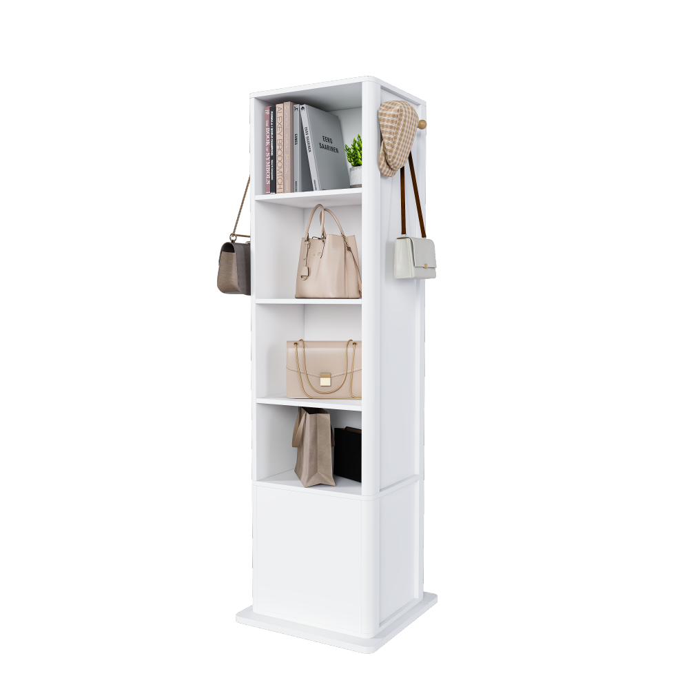 360° rotating makeup cabinet, jewelry cabinet with a full-length mirror, standing storage cabinet with a coat rack, 4 layers of open shelves and 2 layers of built-in shelves, white