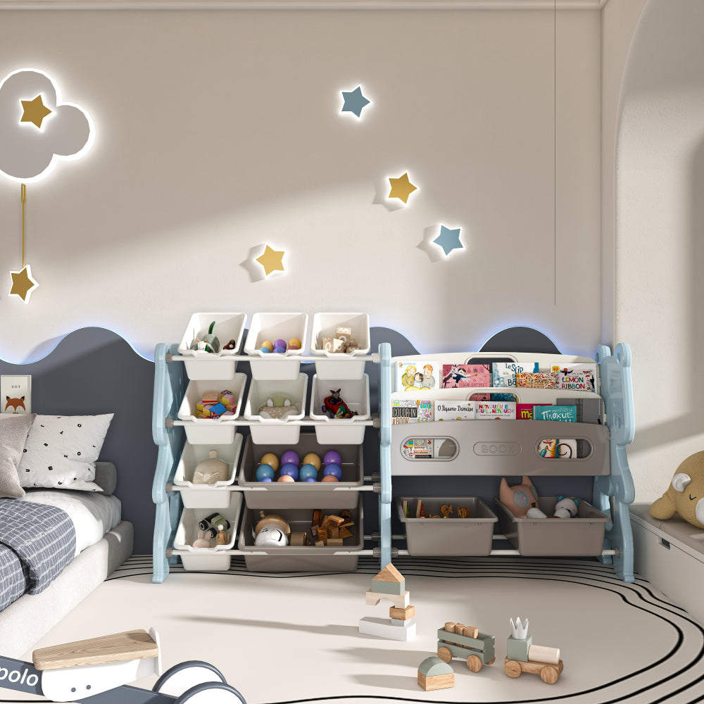 Kids Toy Storage Organizer 8 storage cabinet Removable Toy Bins, 4-Tier Book organizers Storage and 2 cabinet storage, Kids Bookshelf and Toy Storage for Playroom, Bedroom, Kids Room