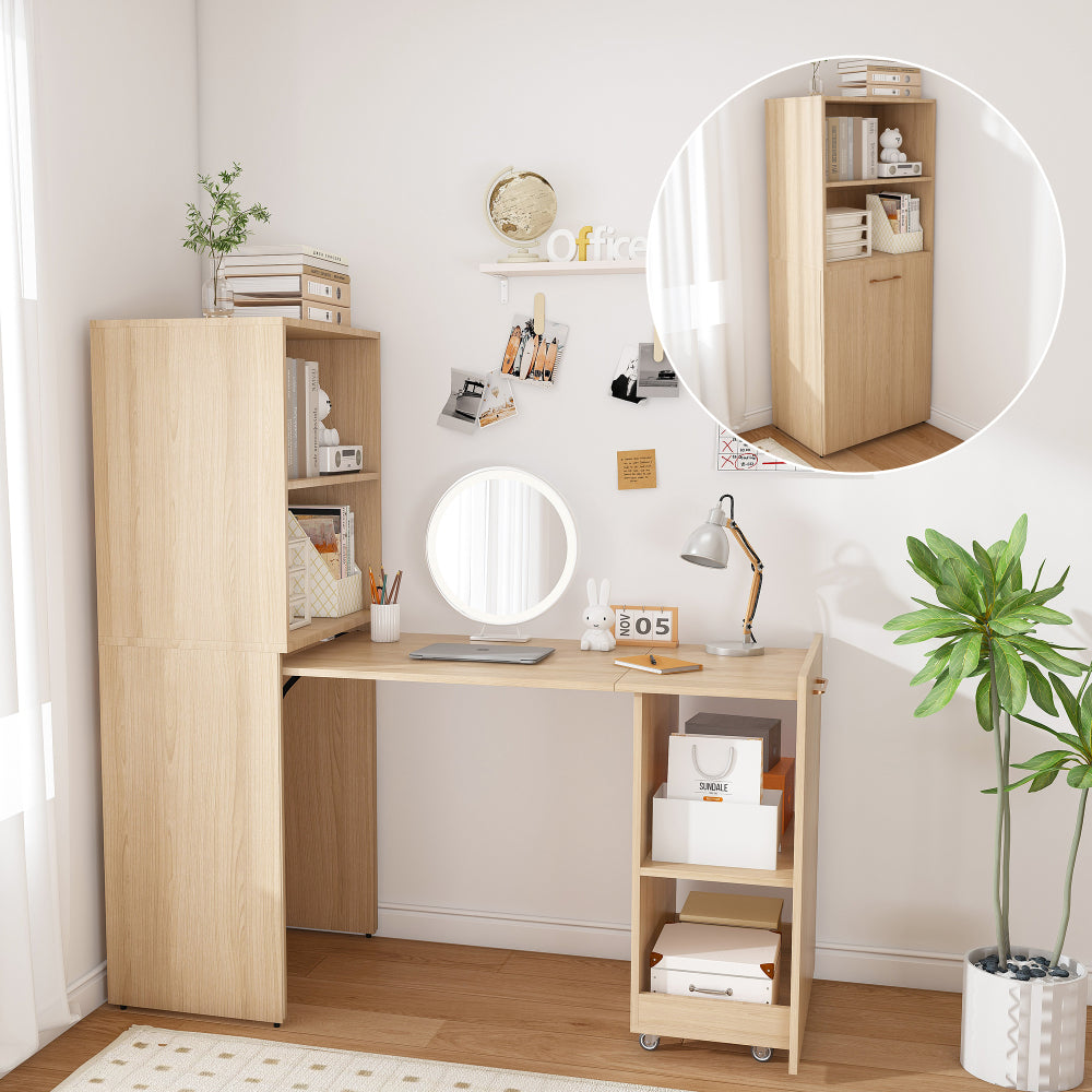 Stretchable desk, office desk with storage shelves and mobile wheels, foldable desk suitable for small apartments and offices, white