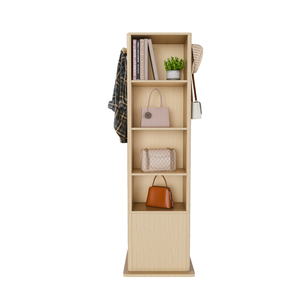 360° rotating makeup cabinet, jewelry cabinet with a full-length mirror, standing storage cabinet with a coat rack, 4 layers of open shelves and 2 layers of built-in shelves, walnut