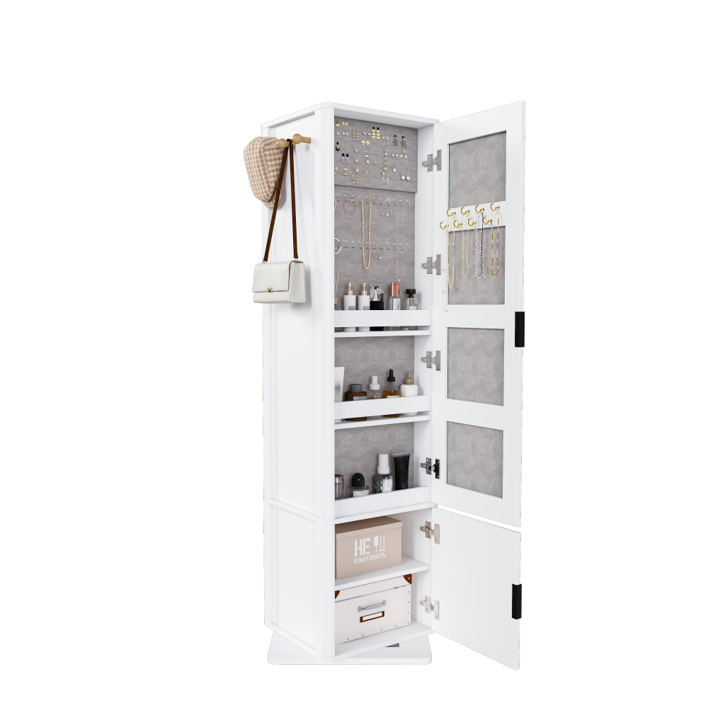 360° rotating makeup cabinet, jewelry cabinet with a full-length mirror, standing storage cabinet with a coat rack, 4 layers of open shelves and 2 layers of built-in shelves, white
