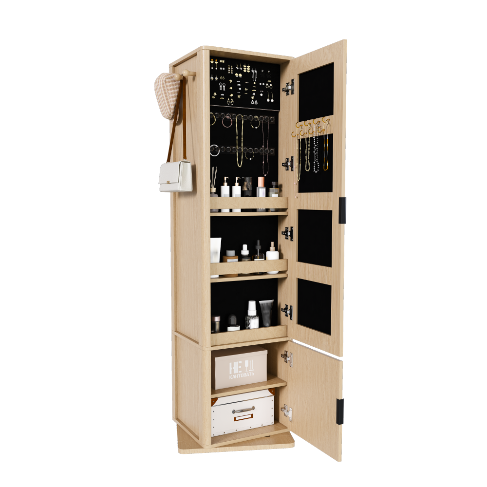 360° rotating makeup cabinet, jewelry cabinet with a full-length mirror, standing storage cabinet with a coat rack, 4 layers of open shelves and 2 layers of built-in shelves, walnut