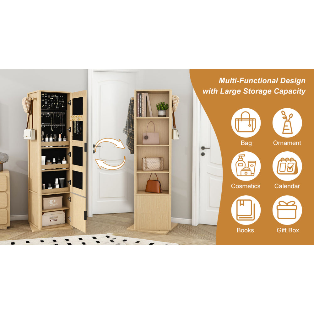 360° rotating makeup cabinet, jewelry cabinet with a full-length mirror, standing storage cabinet with a coat rack, 4 layers of open shelves and 2 layers of built-in shelves, walnut