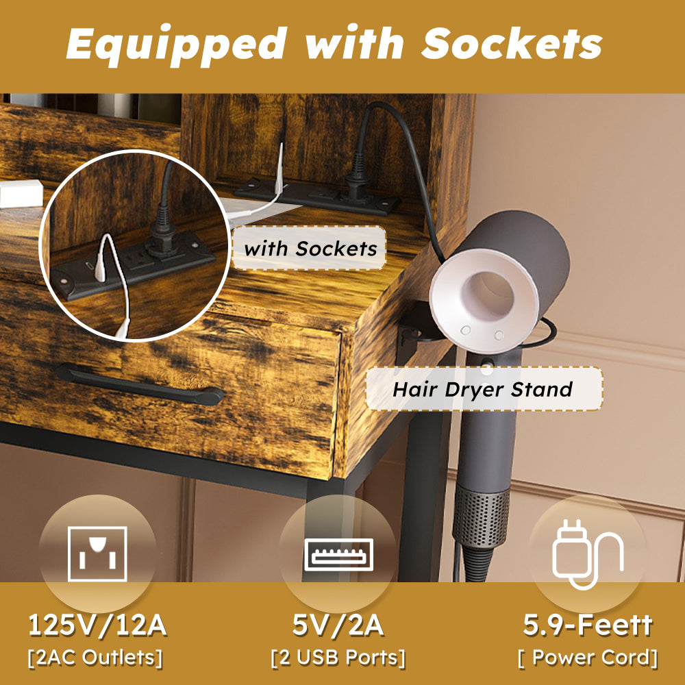 Makeup Vanity with LED Lights&3 Color and Power Outlet Makeup Vanity Table with 2 big Drawers with Sturdy Metal Leg and Metal Chair ,Dressing Table for Bedroom Dressing Room (brown)