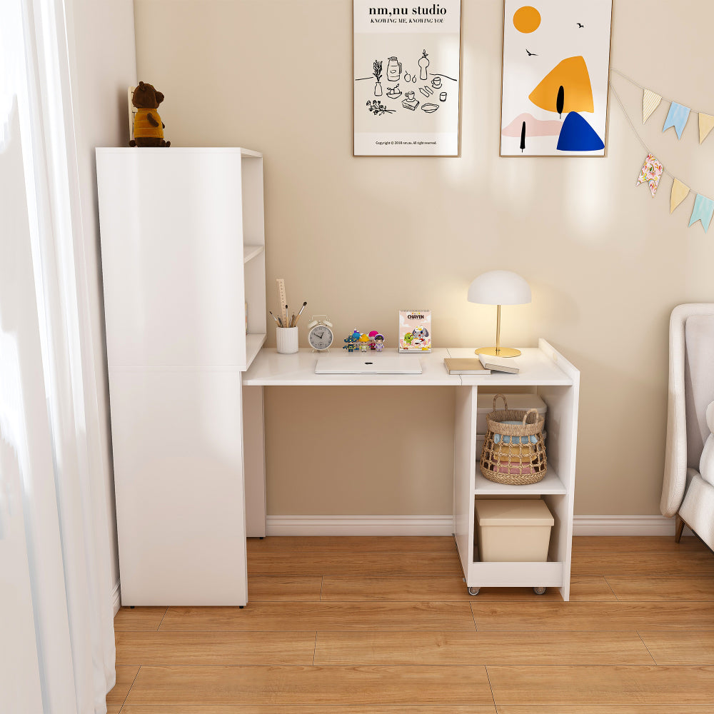 Stretchable desk, office desk with storage shelves and mobile wheels, foldable desk suitable for small apartments and offices, white