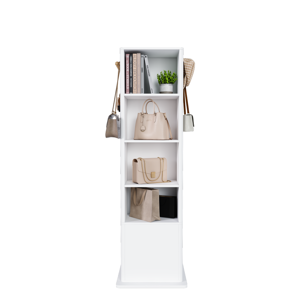 360° rotating makeup cabinet, jewelry cabinet with a full-length mirror, standing storage cabinet with a coat rack, 4 layers of open shelves and 2 layers of built-in shelves, white