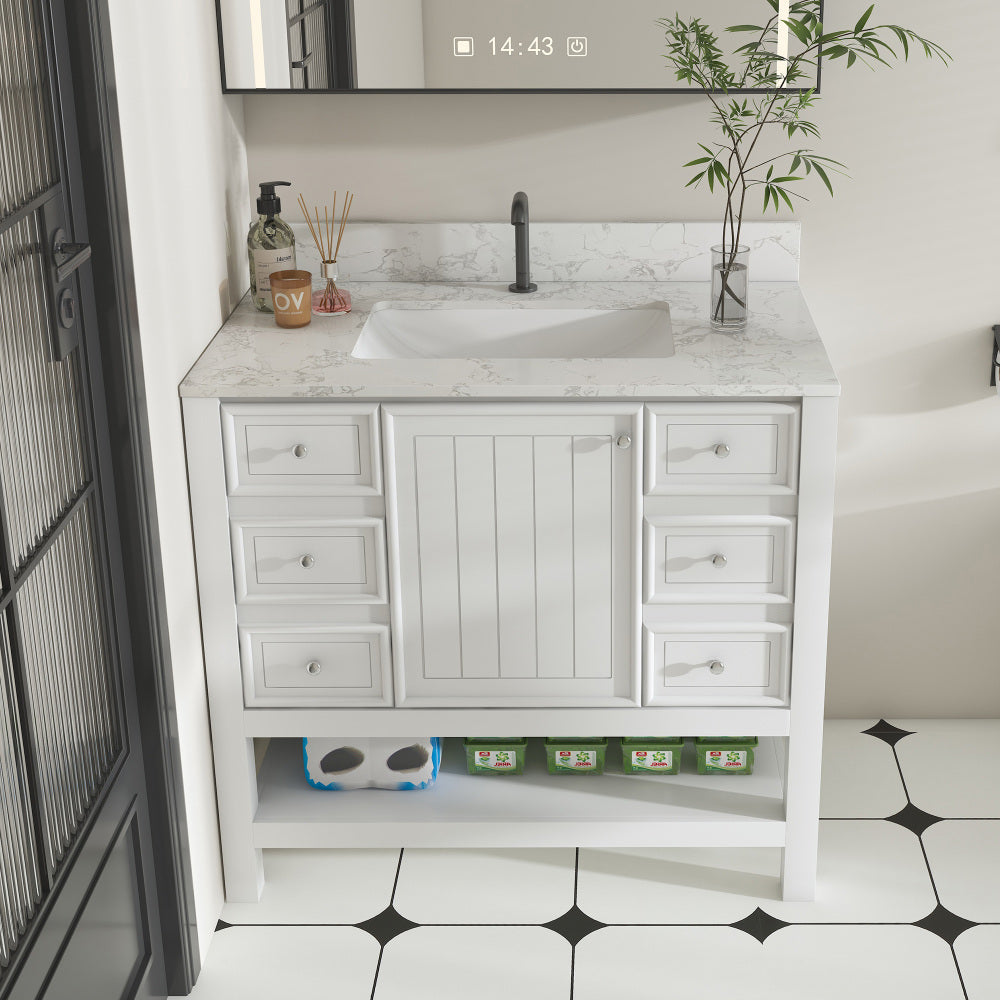 36-inch bathroom vanity, without sink, featuring one cabinet and three drawers, made of solid wood frame and MDF board, in white