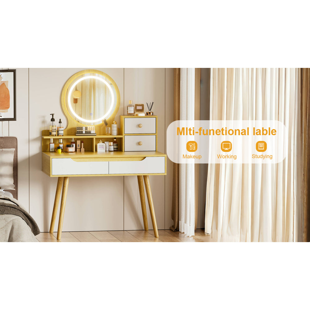 Makeup Vanity Desk with 3 Adjustable Lighted Mirror with solid wood table feet , Dressing Table Set with 4 drawers and 3 open shelves  for Small space Bedroom