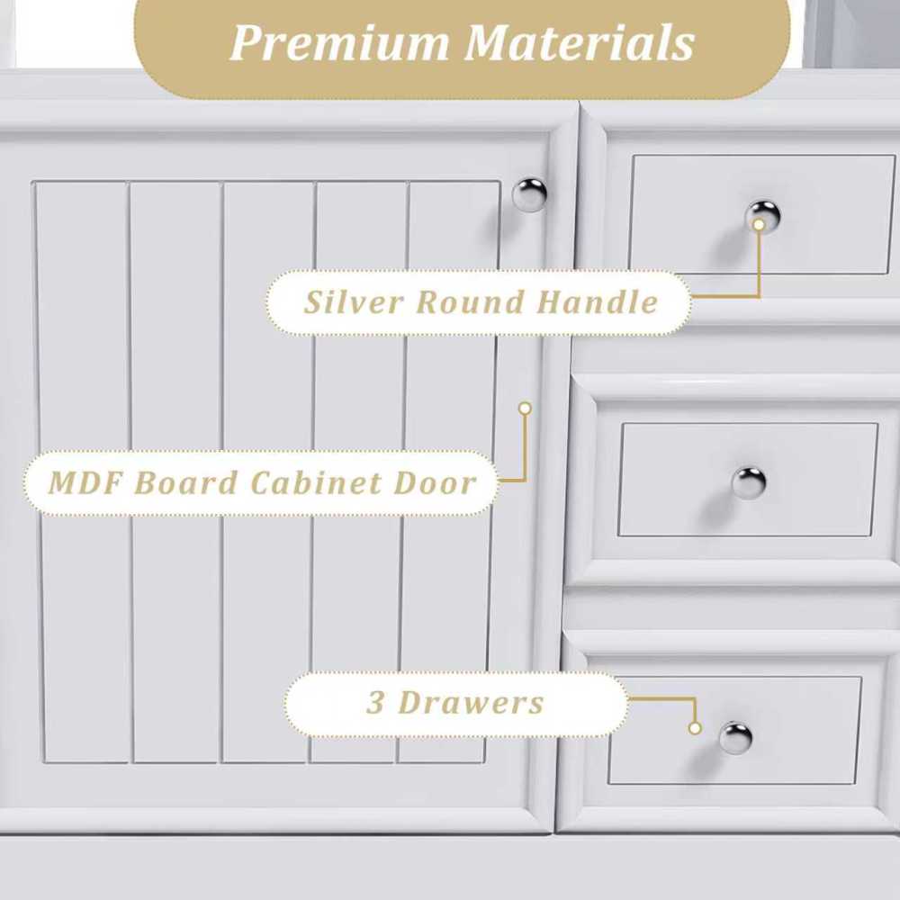36-inch bathroom vanity, without sink, featuring one cabinet and three drawers, made of solid wood frame and MDF board, in white