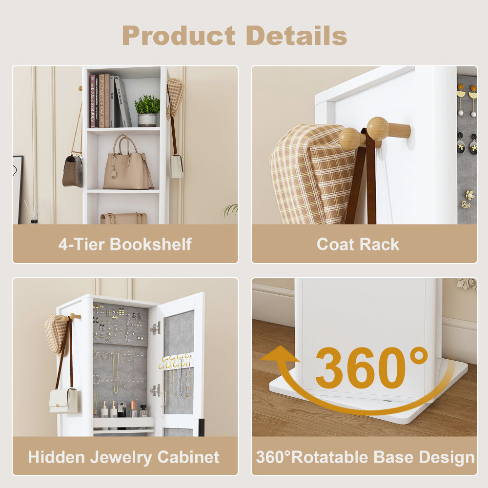 360° rotating makeup cabinet, jewelry cabinet with a full-length mirror, standing storage cabinet with a coat rack, 4 layers of open shelves and 2 layers of built-in shelves, white