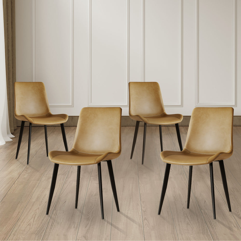 Modern dining chair set of 4 pieces, brown PU leather seats and black carbon steel legs, suitable for home, restaurant, conference room (4 brown chairs)