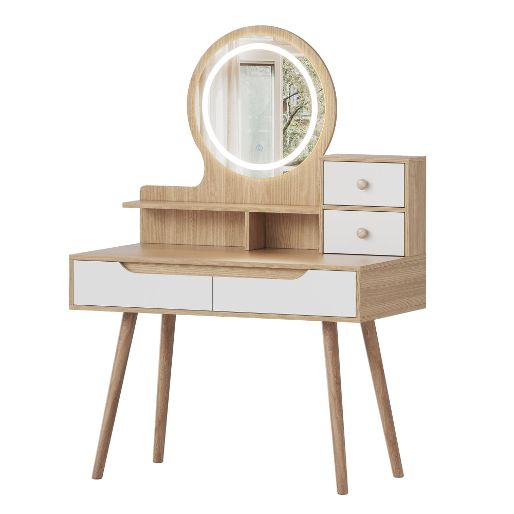Makeup Vanity Desk with 3 Adjustable Lighted Mirror with solid wood table feet , Dressing Table Set with 4 drawers and 3 open shelves  for Small space Bedroom
