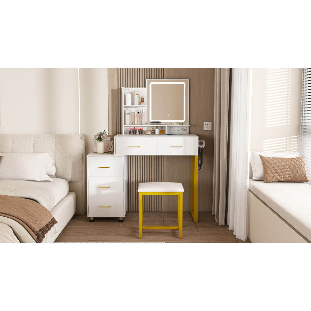 Makeup Vanity with LED Lights&3 Color and Power Outlet Makeup Vanity Table with 5 Drawers with Sturdy Metal Leg and Metal Chair Dressing Table for Bedroom Dressing Room (White)
