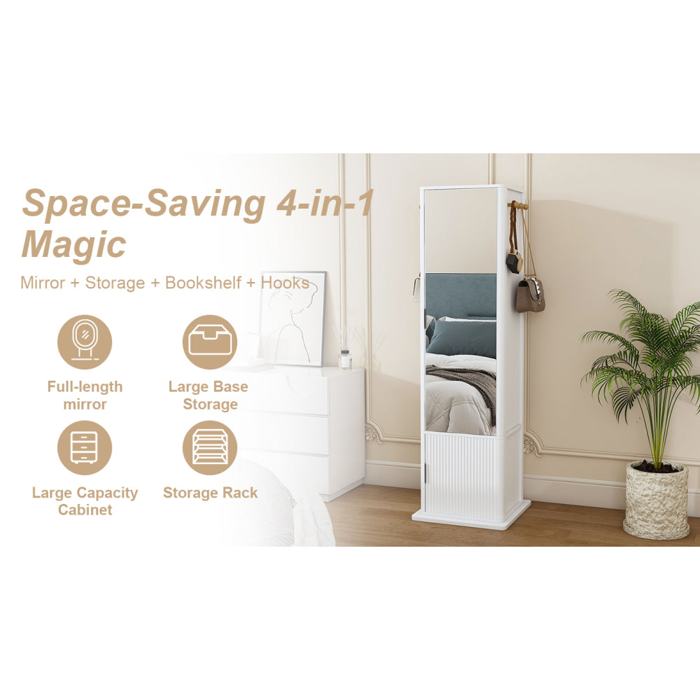 360° rotating makeup cabinet, jewelry cabinet with a full-length mirror, standing storage cabinet with a coat rack, 4 layers of open shelves and 2 layers of built-in shelves, white