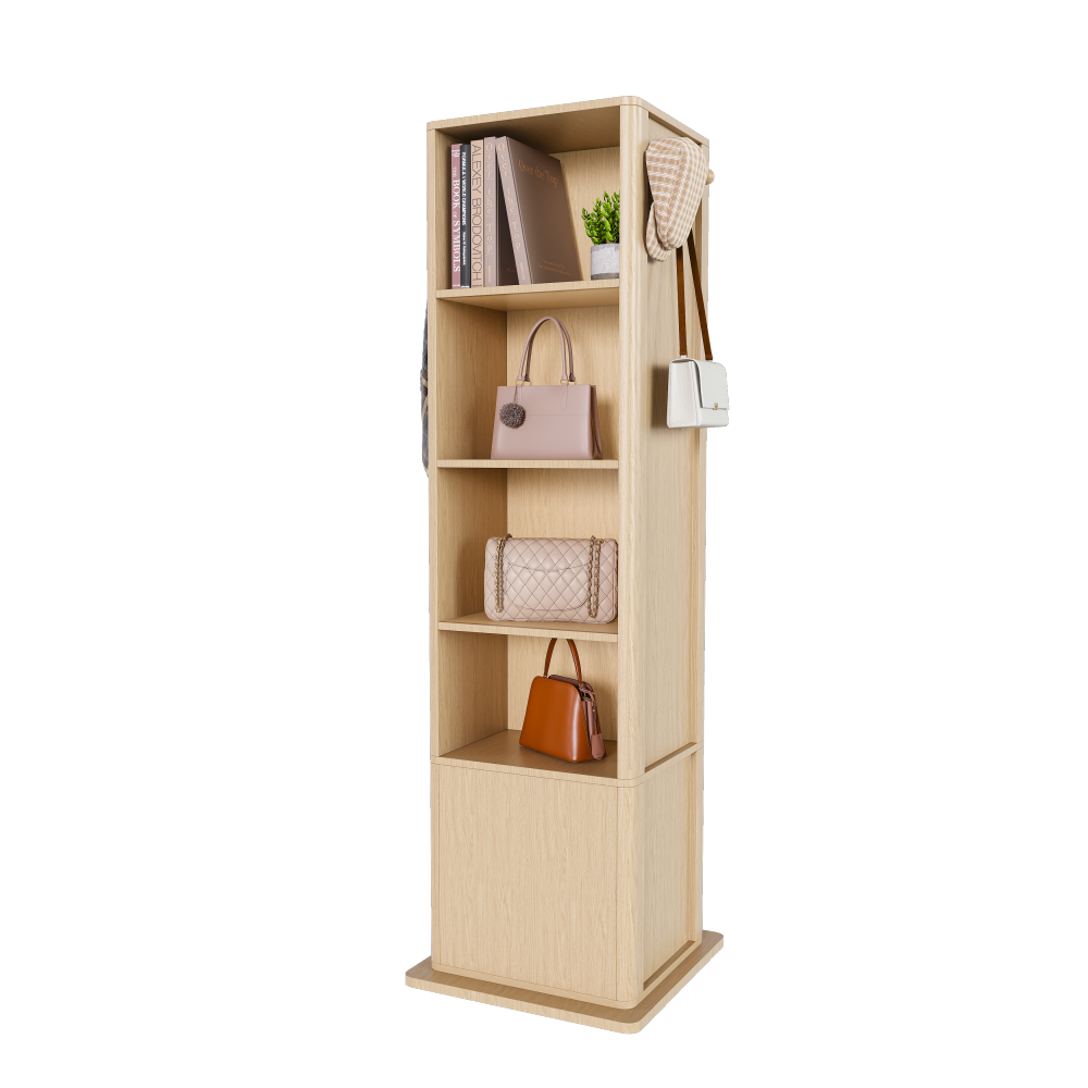360° rotating makeup cabinet, jewelry cabinet with a full-length mirror, standing storage cabinet with a coat rack, 4 layers of open shelves and 2 layers of built-in shelves, walnut